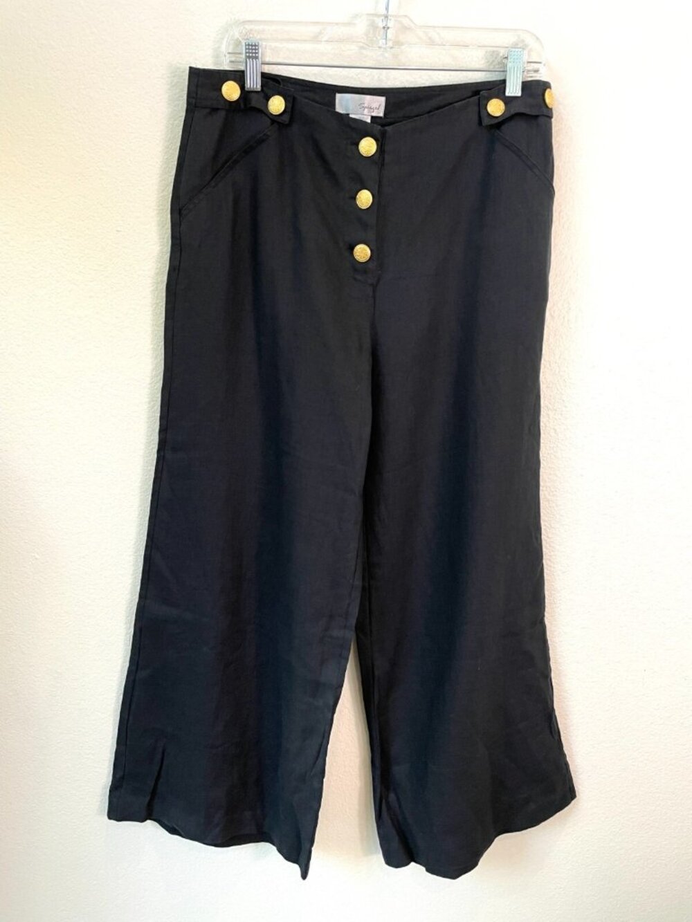 Spiegel Womens 12 Black 100% Linen Wide Leg Pants Lagenlook Gold‎ Buttons